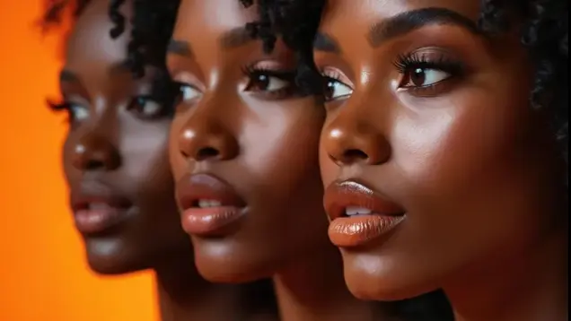 Three women in profile, one behind another, against a warm orange background