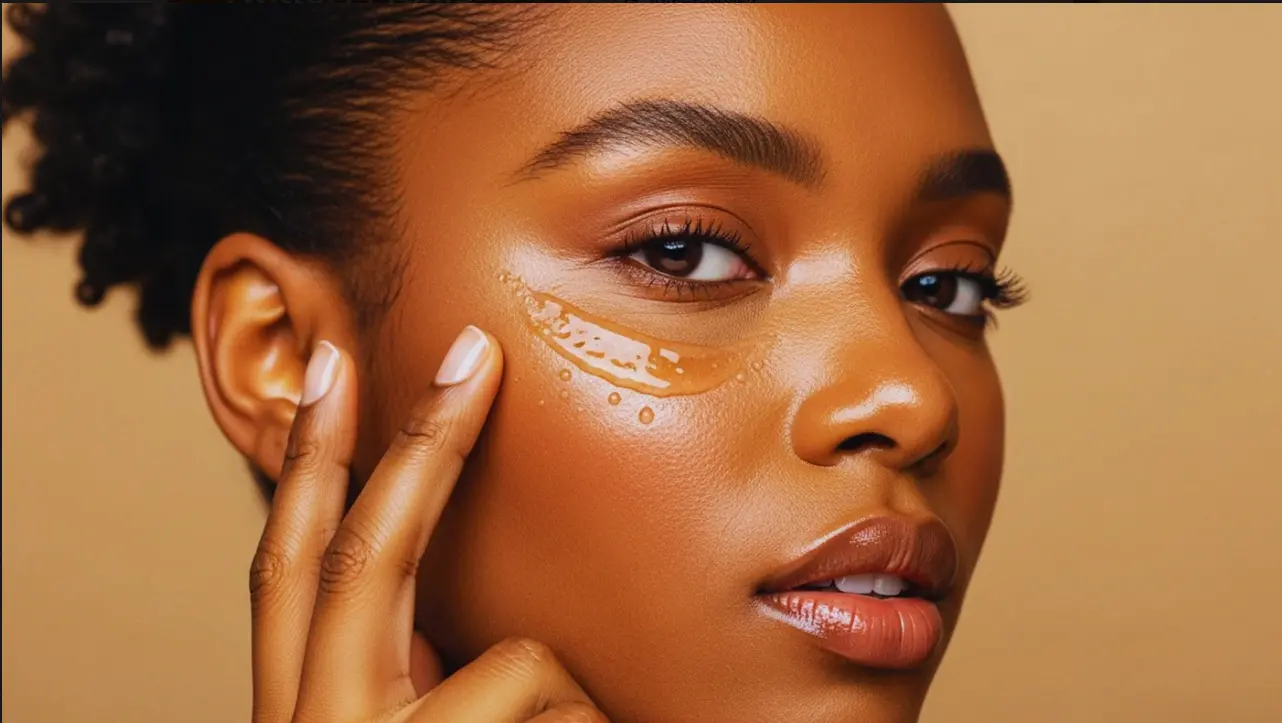 Close-up of a woman applying a golden serum beneath her eye